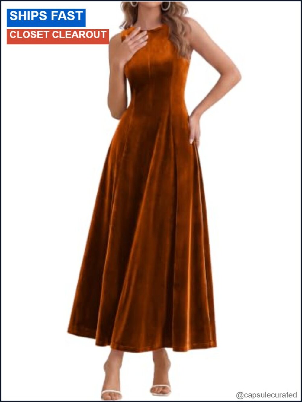 Women's Velvet Sleeveless Crewneck Maxi Wedding Guest Dress
